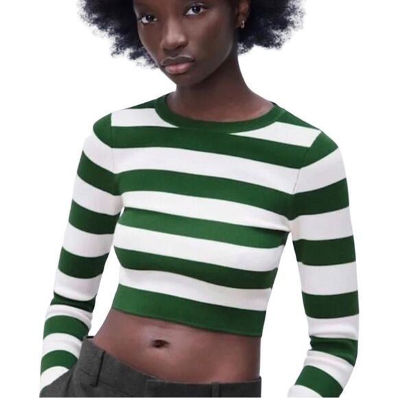 Zara NWOT Green Cream Striped Crop Long Sleeve Crewneck Sweater - Picture 1 of 7